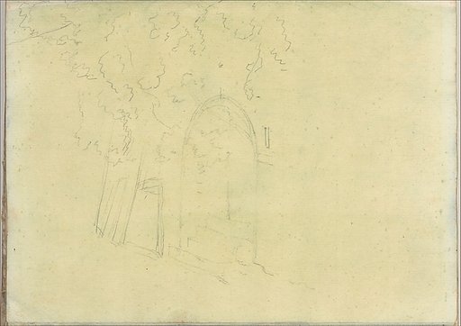 Trees next to an arched opening containing steps (Smaller Italian sketchbook, leaf 17 recto)