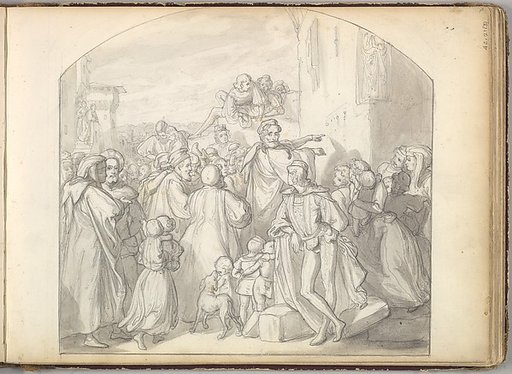 An Artist Drawing on Wall of a Church Watched by a Crowd