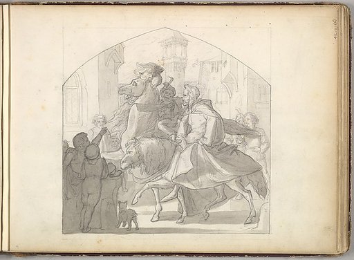 A Man and a Monkey Riding on Horseback