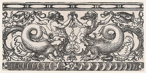 Symmetric Ornamental Frieze with Two Fighting Hybridic Creatures (Half Satyr, Half Dragon) holding Fish