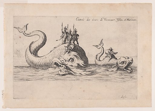 Entrée de MM. de Vroncourt, Tyllon, et Marimont (Entrances of Monsieur de Vroncourt, of Monsieur de Tyllon, and Monsieur de Marimont), from Le Combat a la Barrière in the Palace at Nancy by Henri Humbert, printed by Sebastien Phillipe