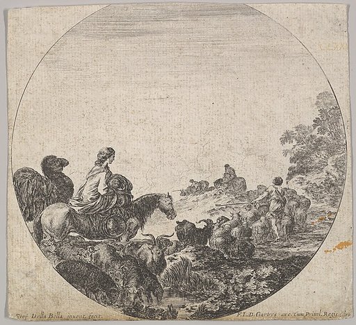 Plate 5: a woman carrying a child on a horse to left, a camel following her, a herd of goats, sheep, and a shepherd in front of her to right, from "Roman landscapes and ruins" (Paysages et ruines de Rome)