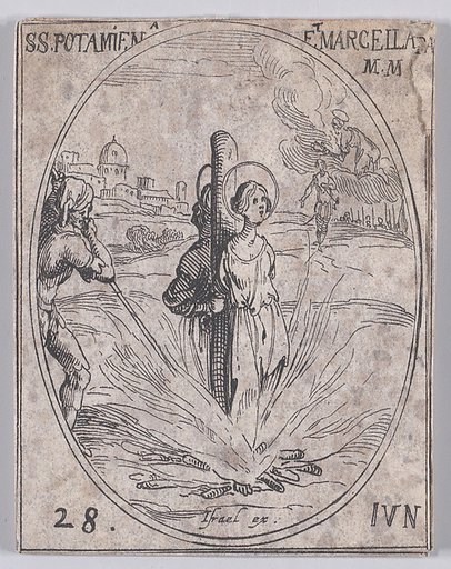 Ste. Potamienne et Ste. Marcelle, martyres (St. Potamiaena and St. Marcella, Martyrs), June 28th, from "Les Images De Tous Les Saincts et Saintes de L'Année" (Images of All of the Saints and Religious Events of the Year)
