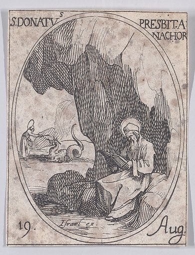 S. Donat, prêtre, anachorète (St. Donatus, Priest and Anchorite), August 19th, from "Les Images De Tous Les Saincts et Saintes de L'Année" (Images of All of the Saints and Religious Events of the Year)