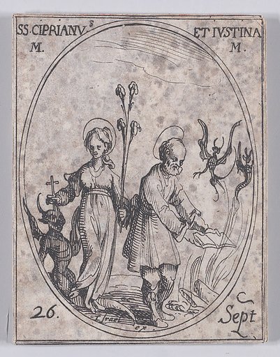 S. Cyprien et Ste. Justine, martyrs (St. Cyprian and St. Justina, Martyrs), September 26th, from "Les Images De Tous Les Saincts et Saintes de L'Année" (Images of All of the Saints and Religious Events of the Year)