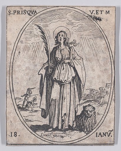Ste. Prisque, vierge et martyre (St. Prisca, Virgin and Martyr), January 18th, from "Les Images De Tous Les Saincts et Saintes de L'Année" (Images of All of the Saints and Feast Days of the Year)
