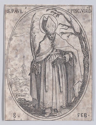 S. Paul, évêque de Verdun (St. Paul, Bishop of Verdun), February 8th, from "Les Images De Tous Les Saincts et Saintes de L'Année" (Images of All of the Saints and Feast Days of the Year)