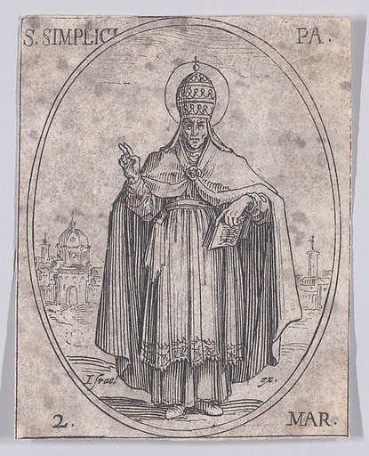 S. Simplice, pape (St. Simplicius, Pope), March 2nd, from "Les Images De Tous Les Saincts et Saintes de L'Année" (Images of All of the Saints and Religious Events of the Year)
