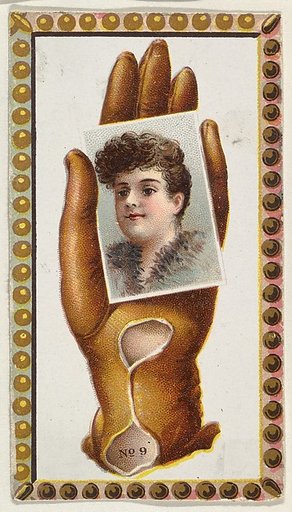 Card Number 9, cut-out from banner advertising the Opera Gloves series (G29) for Allen & Ginter Cigarettes