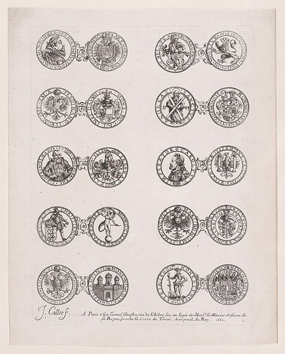 Plate 1, Featuring 10 Coins Issued by European Princes in the 16th and 17th centuries, from "Les Monnaies" (The Currencies)