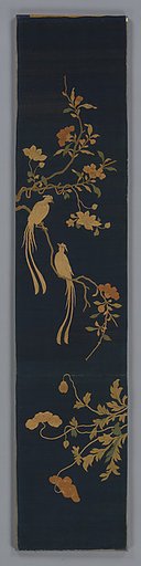 Panel with long-tailed birds, camellia, clematis, and poppies