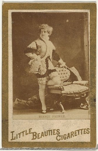 Minnie Palmer (standing beside chair), from the Actresses and Celebrities series (N60, Type 1) promoting Little Beauties Cigarettes for Allen & Ginter brand tobacco products