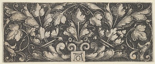 Horizontal Panel with Two Tendrils Sprouting Upwards from Horns at Center