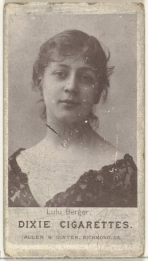 Lulu Berger, from the Actresses series (N67) promoting Dixie Cigarettes for Allen & Ginter brand tobacco products
