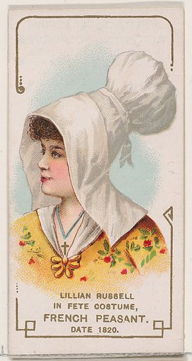 Lillian Russell in Fete Costume of French Peasant of 1820, from the set Actors and Actresses, First Series (N70) for Duke brand cigarettes