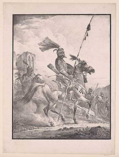 Kurd in military armor on horseback, from "Collection de dessins litographiques par Alexandre Orlowski"