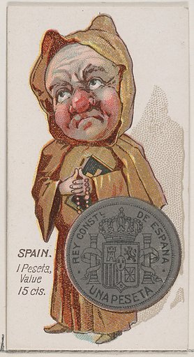 Caricatured Spaniard, 1 Peseta, from the series Coins of All Nations (N72, variation 1) for Duke brand cigarettes