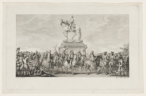 The Inauguration of the Statue of Louis XV, Vignette on page 1, from Description des Travaux qui ont précédé. accompagné et suivi la fonte en bronze d'un seul jet de la Statue Equèstre de Louis XV le bien-aimé dressée sur les mémoires de M. Lempereur ancien Echevin.  Par M. Mariette, Honoraire amate