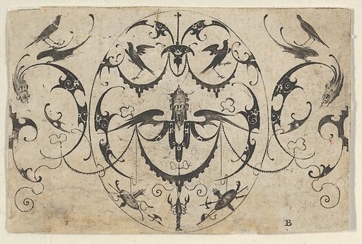 Blackwork Design for Goldsmithwork with Grotesques, Garlands, and Birds