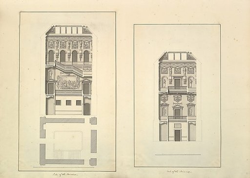 Leaf from Aedes Walpolianae mounted with two drawings: Side of the Staircase, Houghton Hall, Norfolk, Elevation (recto); End of Staircase, Houghton Hall, Norfolk (verso)