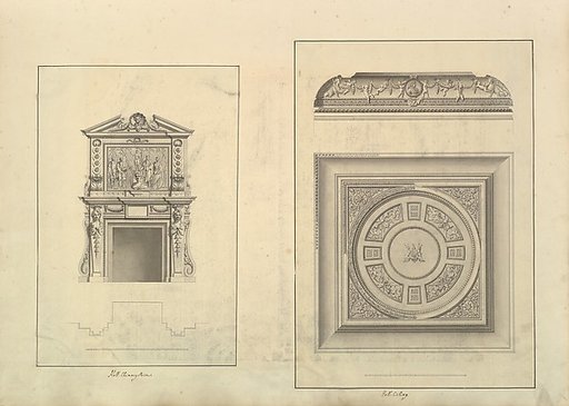 Leaf from Aedes Walpolianae mounted with two drawings: (a): Hall Chimney-Piece, Houghton Hall, Norfolk; (b): Hall Ceiling, Houghton Hall, Norfolk