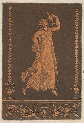 Jeune femme drapée, marchant de gauche à droit, portant un vase de métal (Young draped woman, walking from left to right, carrying a metal vase in the style of red-figure vase painting), most likely from Recueil de Différentes Compositions Frises et Ornements dessinées et gravées à la manière du lav