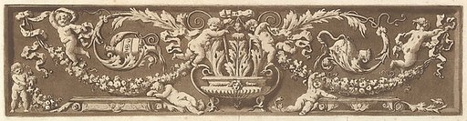 Ornamental frieze with putti, acanthus leaves, and garlands of fruit, from Recueil de Différentes Compositions Frises et Ornements dessinées et gravées à la manière du lavis par La Grenée le Juene Se trouve chez l'Auteur, au Louvre et chez Basan, rue et Hôtel Serpente A Paris, in an album containing