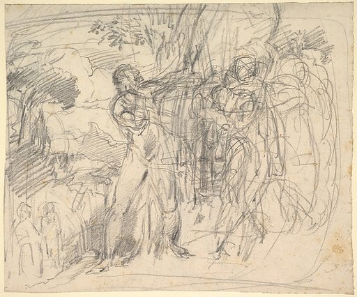Compositional Study for "Comus–The Measure" (recto); Studies of a Man's Right Leg, after Titian, and a Profile, for "Comus–The Measure" (verso)
