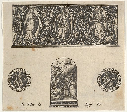 Horizontal Panel with Design for a Thimble with the Annuciation Below a Frieze with Three Figures in Ovals