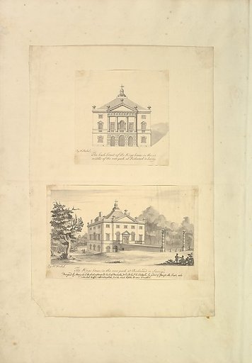Leaf from Aedes Walpolinae mounted with (a): Elevation of Back Façade of the Kings House, Richmond, Surrey and (b): Perspective View of the Entrance Front of the Kings House, Richmond, Surrey