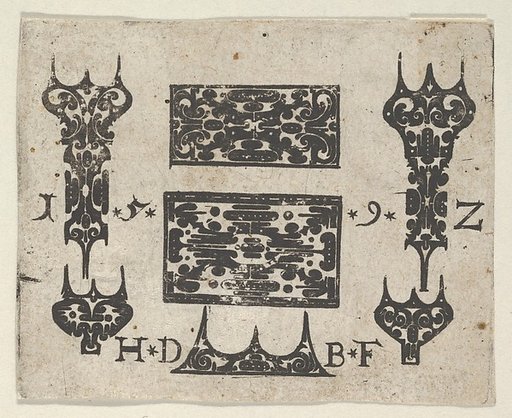 Blackwork Print with Two Horizontal Panels and Five Small Motifs