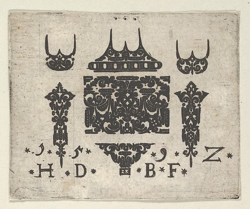 Blackwork Print with a Horizontal Panel and Six Small Motifs