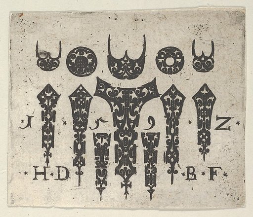 Blackwork Print with a Row of Seven Vertical Fillets Below a Row of Three-Pronged Motifs and Circles