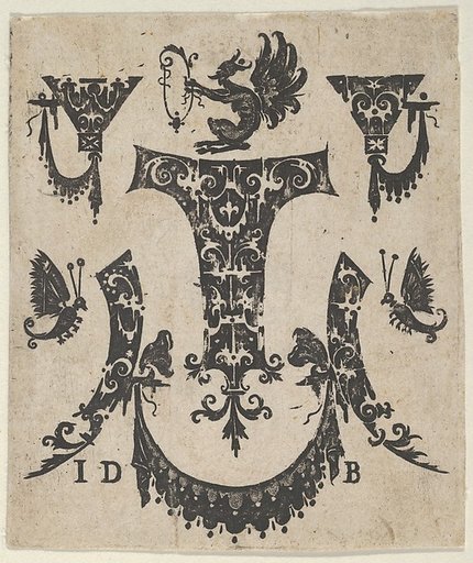 Blackwork Print with Five Ornament Motifs, a Pair of Butterflies and a Grotesque