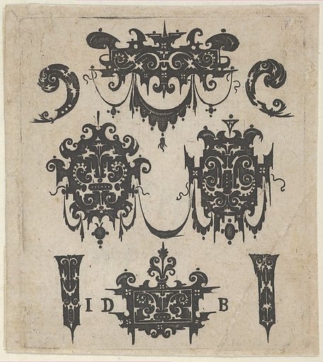 Blackwork Print with Four Shweifwerk Motifs Decorated with Swag Combined with Four Small Fillets