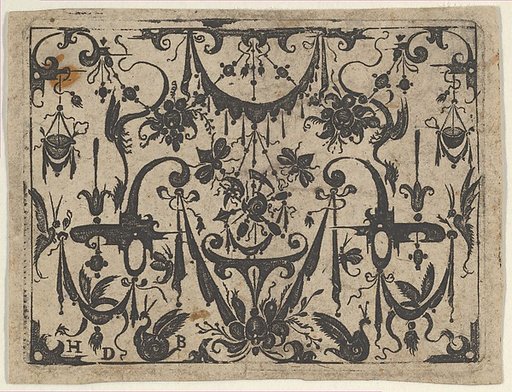 Blackwork Print with a Trophy at Center Surrounded by Grotesques and Swag Drapery