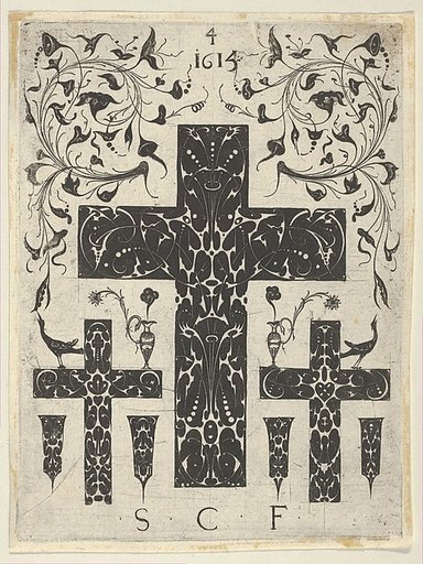 Blackwork Print with Three Crosses and Foliate Scrolls, from a Series of Blackwork Prints for Goldsmiths' Work