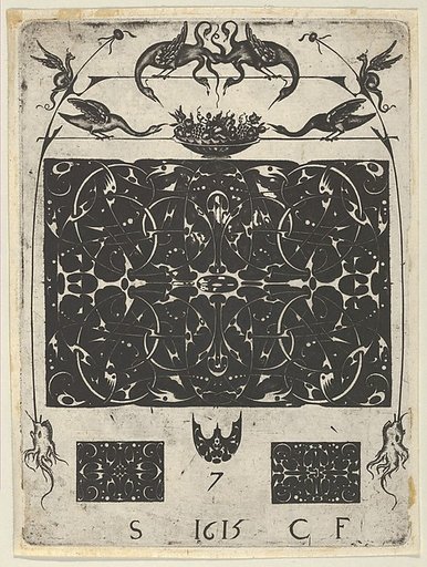 Blackwork Print with Birds and Grotesques Atop a Horizontal Panel, from a Series of Blackwork Prints for Goldsmiths' Work