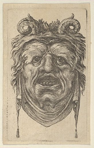Satyr Mask with Curled Horns, Leafy Eyebrows and a Cloth Hanging Beneath the Chin, from "Divers Masques"