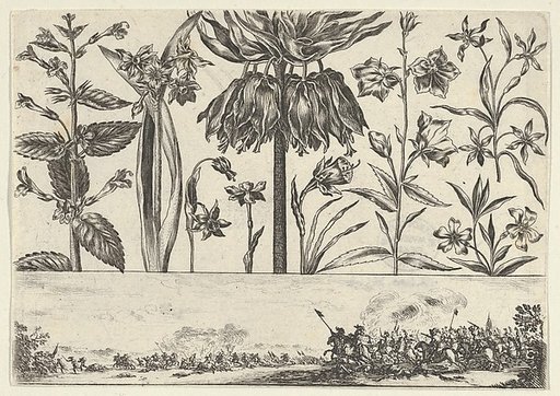Horizontal Panel with a Row of Flowers Above a Frieze with a Battle Scene in a Landscape, from "Livre Nouveau de Fleurs Tres-Util"