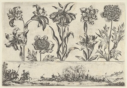 Horizontal Panel with a Row of Flowers Above a Frieze with a Battle Scene in a Landscape, from "Livre Nouveau de Fleurs Tres-Util"