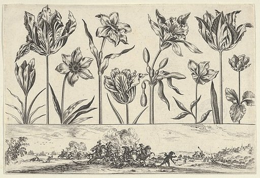 Horizontal Panel with a Row of Flowers Above a Frieze with a Battle Scene in a Landscape, from "Livre Nouveau de Fleurs Tres-Util"