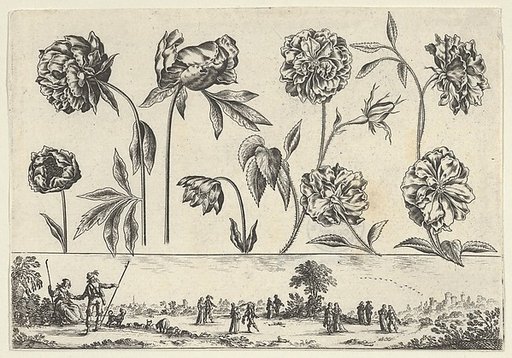 Horizontal Panel with a Row of Flowers Above a Frieze with Figures in a Landscape, from "Livre Nouveau de Fleurs Tres-Util"