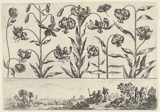 Horizontal Panel with a Row of Flowers Above a Frieze with Figures in a Landscape, from "Livre Nouveau de Fleurs Tres-Util"