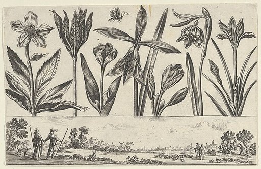 Horizontal Panel with a Row of Flowers Above a Frieze with Figures in a Landscape, from "Livre Nouveau de Fleurs Tres-Util"