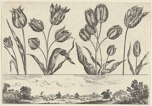 Horizontal Panel with a Row of Flowers Above a Frieze with a Hunting Scene in a Landscape, from "Livre Nouveau de Fleurs Tres-Util"