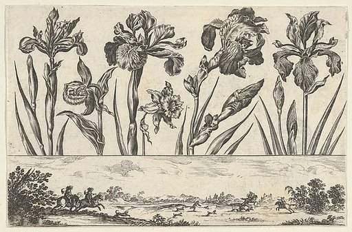 Horizontal Panel with a Row of Flowers Above a Frieze with a Hunting Scene in a Landscape, from "Livre Nouveau de Fleurs Tres-Util"