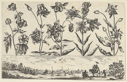 Horizontal Panel with a Row of Flowers Above a Frieze with a Hunting Scene in a Landscape, from "Livre Nouveau de Fleurs Tres-Util"
