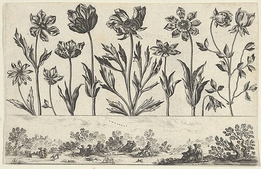 Horizontal Panel with a Row of Flowers Above a Frieze with Figures in a Landscape, from "Livre Nouveau de Fleurs Tres-Util"