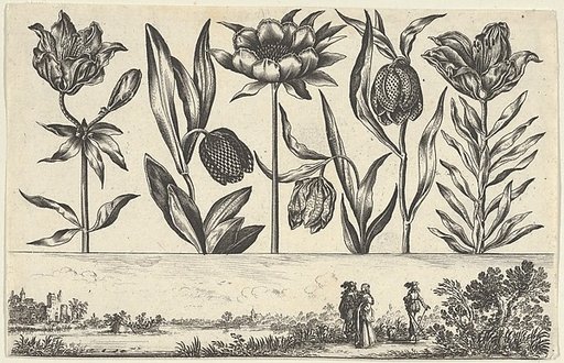 Horizontal Panel with a Row of Flowers Above a Frieze with Figures in a Landscape, from "Livre Nouveau de Fleurs Tres-Util"